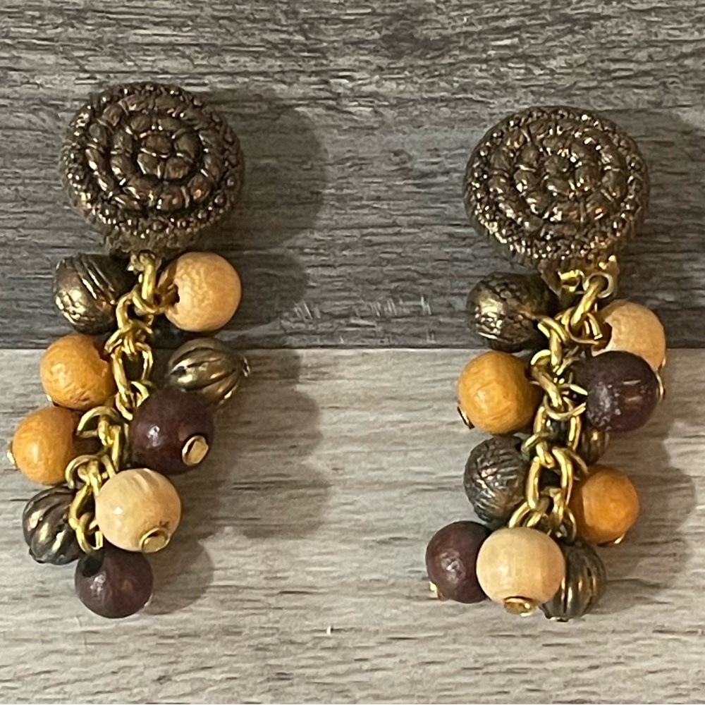 Vintage 1970s Boho Clip On Dangle Earrings Beaded Wood Look Gold Tone